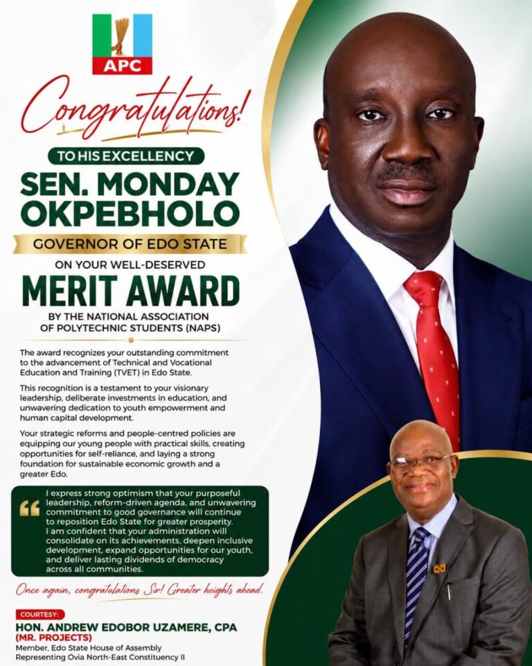 HON. ANDREW UZAMERE CONGRATULATES GOV. OKPEBHOLO ON NAPS MERIT AWARD
