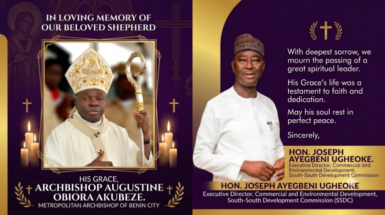 UGHEOKE MOURNS THE PASSING OF HIS GRACE, MOST REV. AUGUSTINE OBIORA AKUBEZE, METROPOLITAN ARCHBISHOP OF BENIN CITY.